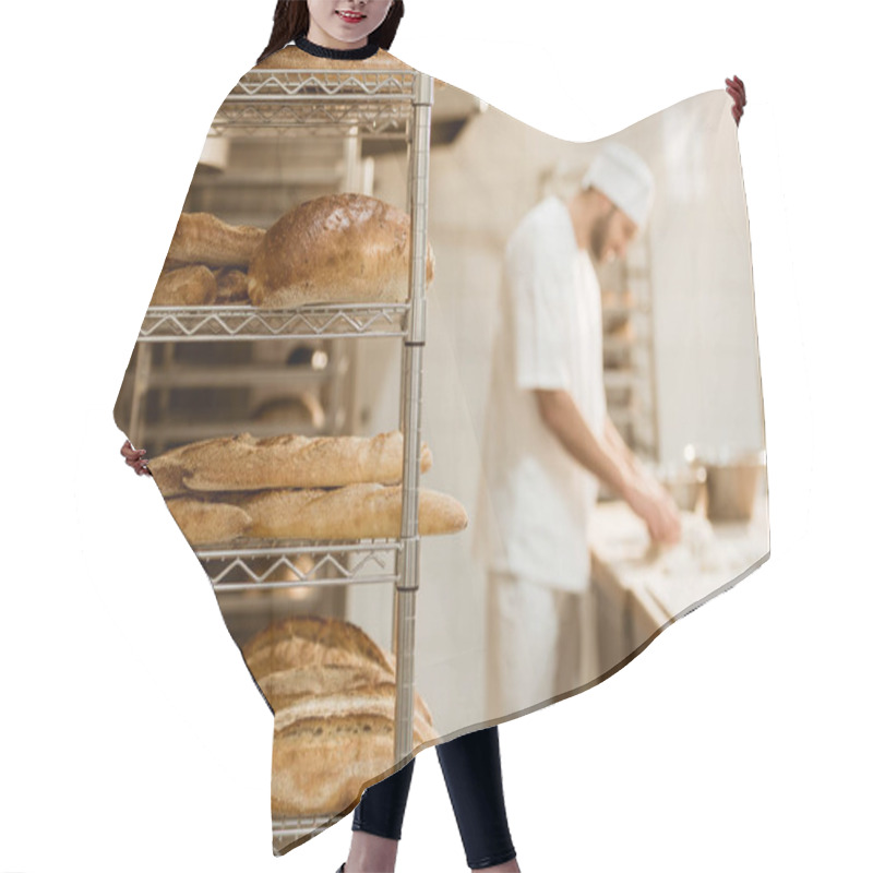 Personality  Shelves With Fresh Bread And Blurred Baker On Background At Baking Manufacture Hair Cutting Cape