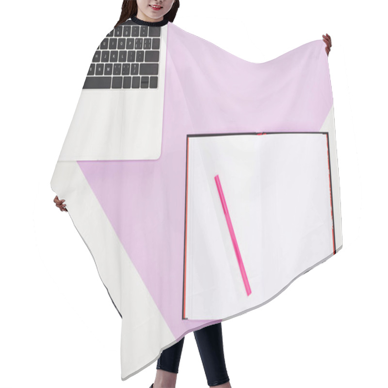 Personality  Flat Lay With Laptop And Open Blank Notebook On Violet And White Background Hair Cutting Cape