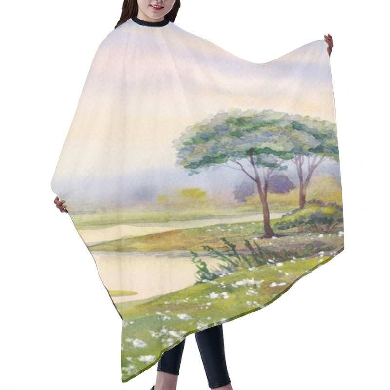 Personality  Handmade Bright Pink Watercolour Paint Sketch Quiet Fog Ravine Horizon View Scene On Paper Backdrop Space For Text. Hand Drawn Light Yellow Color Rainy Sundown Heaven Over Calm Wild Valley Park Creek Hair Cutting Cape