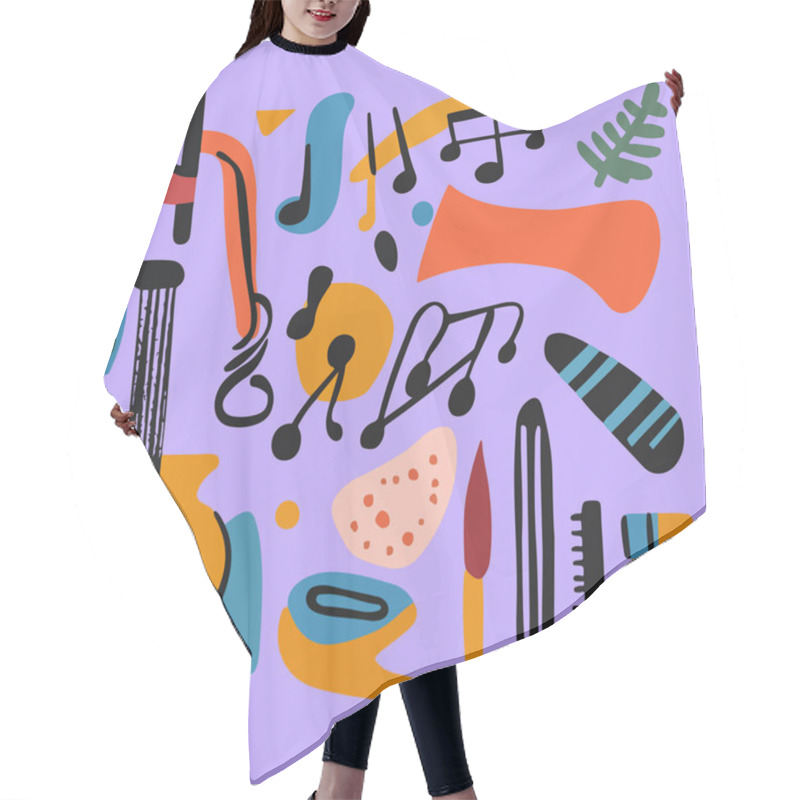 Personality  A Vibrant Abstract Collage Of Musical Notes And Instrument Shapes In Bold Colors On A Purple Background.  Hair Cutting Cape