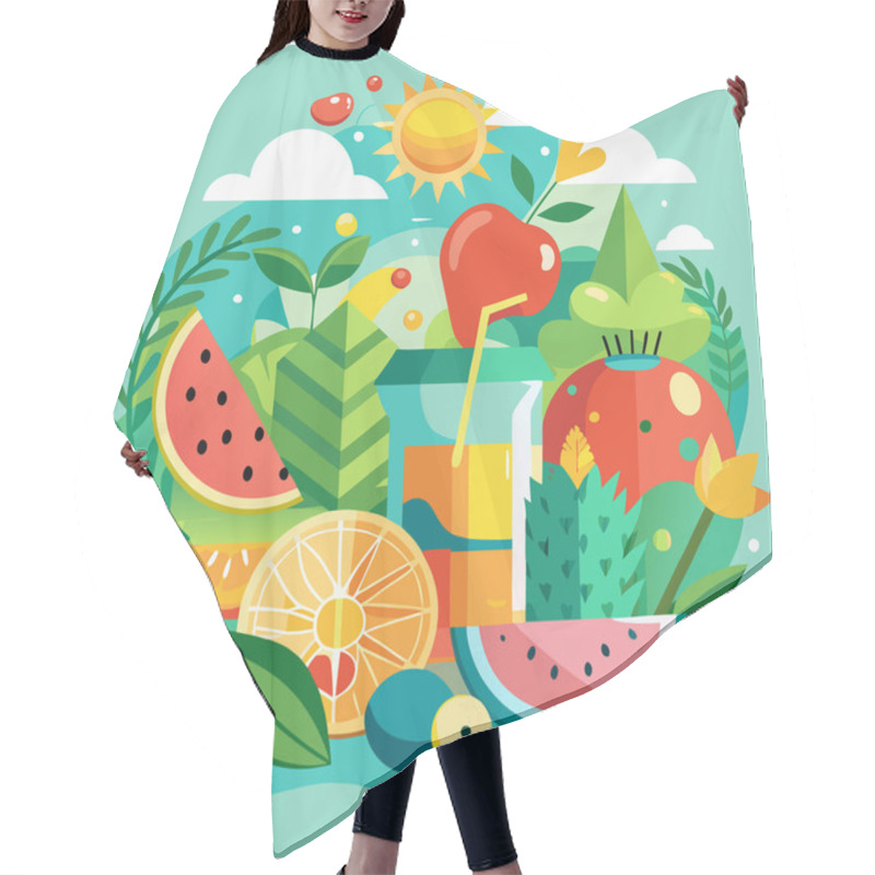 Personality  Summer Fresh Vector Art With Tropical Fruits And Beach Scene Hair Cutting Cape