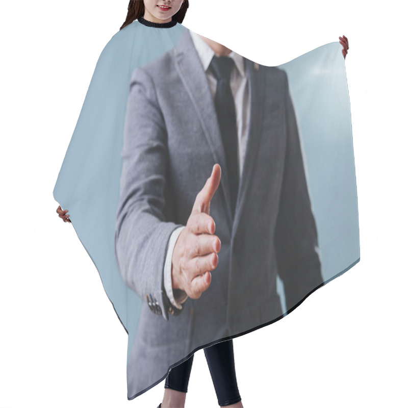 Personality  Businessman In Suit Extending Hand, Ready For Handshake Over Blue Background Hair Cutting Cape