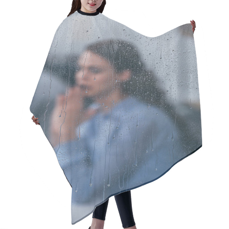 Personality  Selective Focus Of Raindrops On Windows With Sad Woman Sitting And Praying On Background Hair Cutting Cape