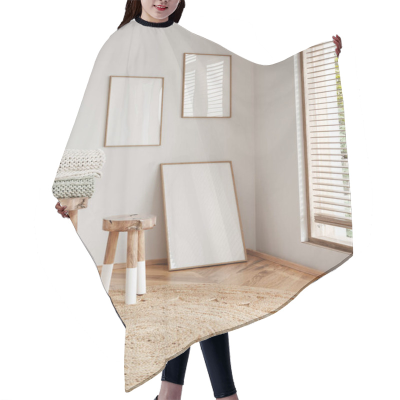 Personality  Mock Up Frame In Children Room With Natural Wooden Furniture, 3D Render Hair Cutting Cape