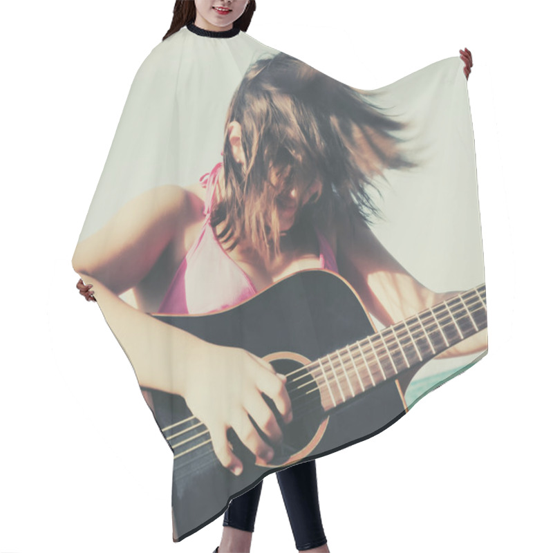 Personality  Girl Playing Guitar On The Beach Hair Cutting Cape