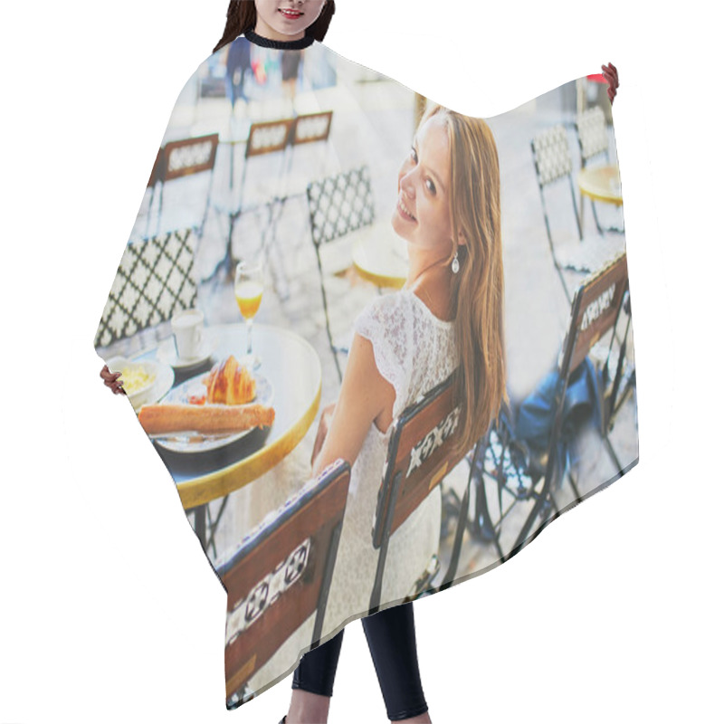 Personality  Cheerful Young Woman Having Breakfast Or Brunch In Traditional French Cafe Hair Cutting Cape