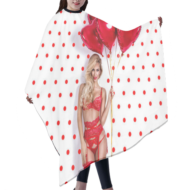 Personality  Valentine Sexy Girl With Red Air Balloons Isolated On Polka Dots Background. Beautiful Happy Young Woman In Red Erotic Lingerie. Holiday Party, Birthday. Valentine's Day- Concept. Hair Cutting Cape