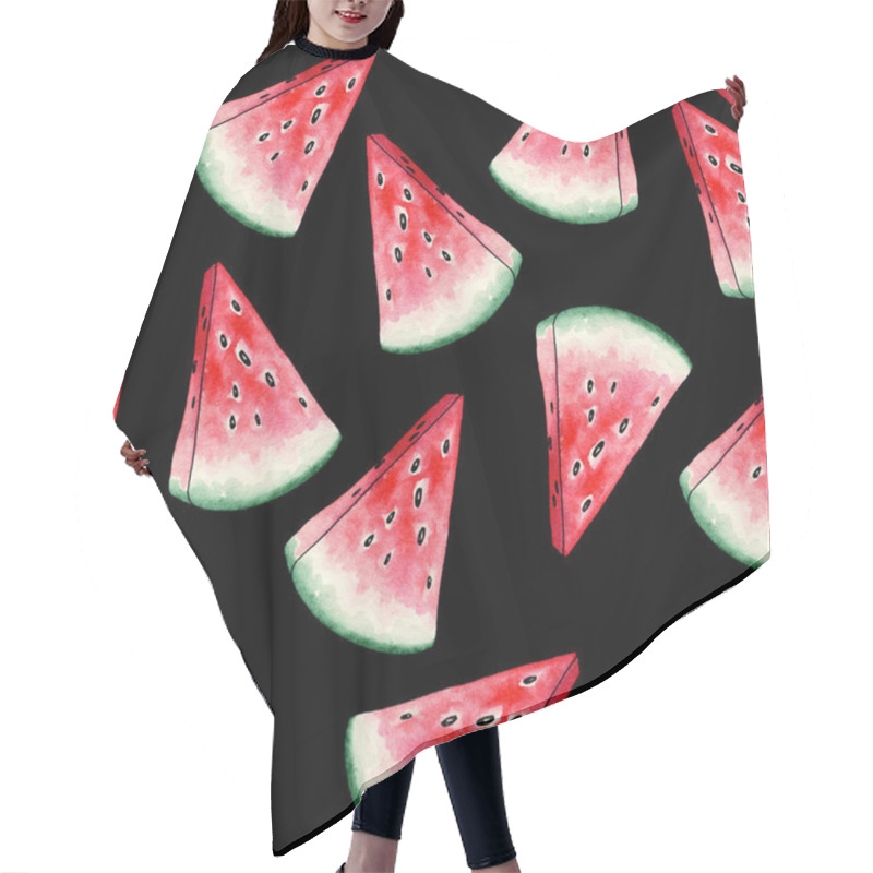 Personality  Red Watermelon Slices Seamless Pattern On Black Background. Cross Section Of Summer Juicy Fruit. Fresh And Ripe Pieces Of Sweet Plant With Seeds. Vitamins Fashion Textile Design For Prints  Hair Cutting Cape