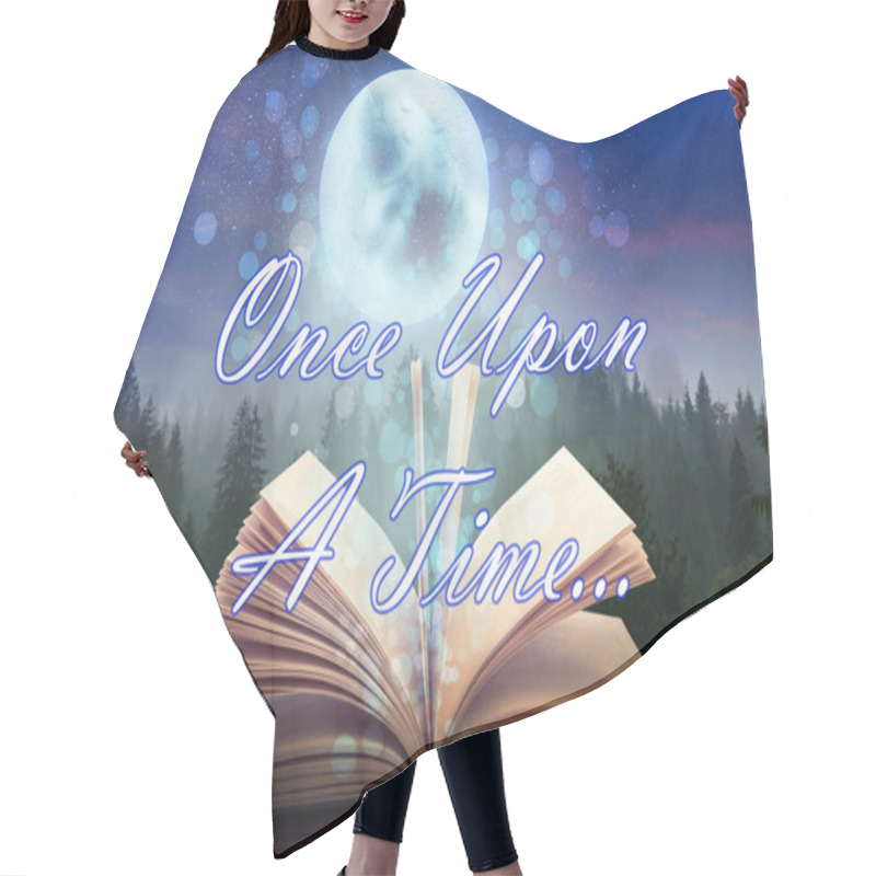 Personality  Magic Book Of Fairy Tales Against Landscape With Forest And Full Moon At Night Hair Cutting Cape