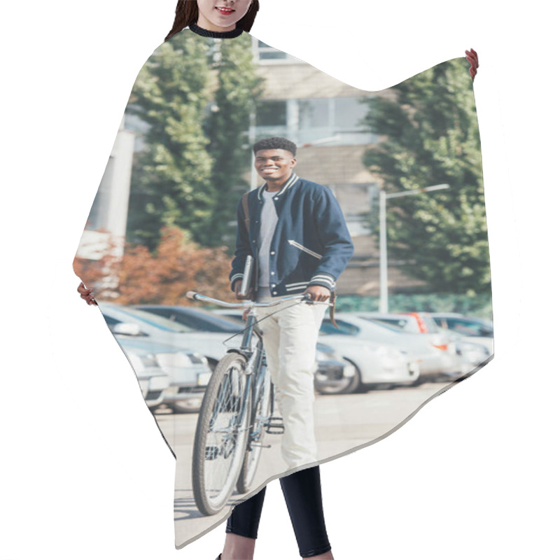 Personality  African American Cheerful Stylish Man With Bike In Urban City Hair Cutting Cape