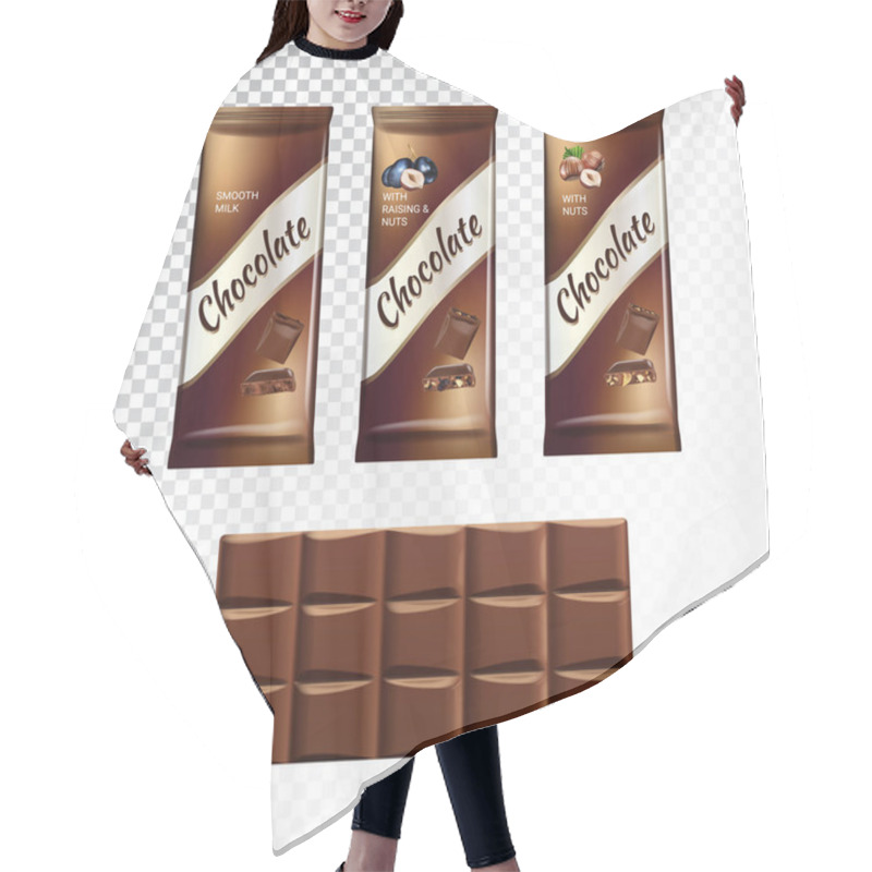 Personality  Vector Realistic Illustration Of Packaging And Chocolate Bar With Hazelnut And Raisins. Hair Cutting Cape