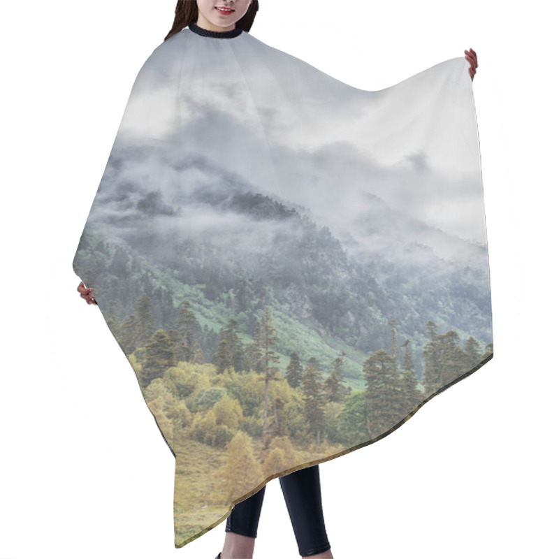 Personality  Gloomy Landscape With Mountains In Clouds And Forest Hair Cutting Cape