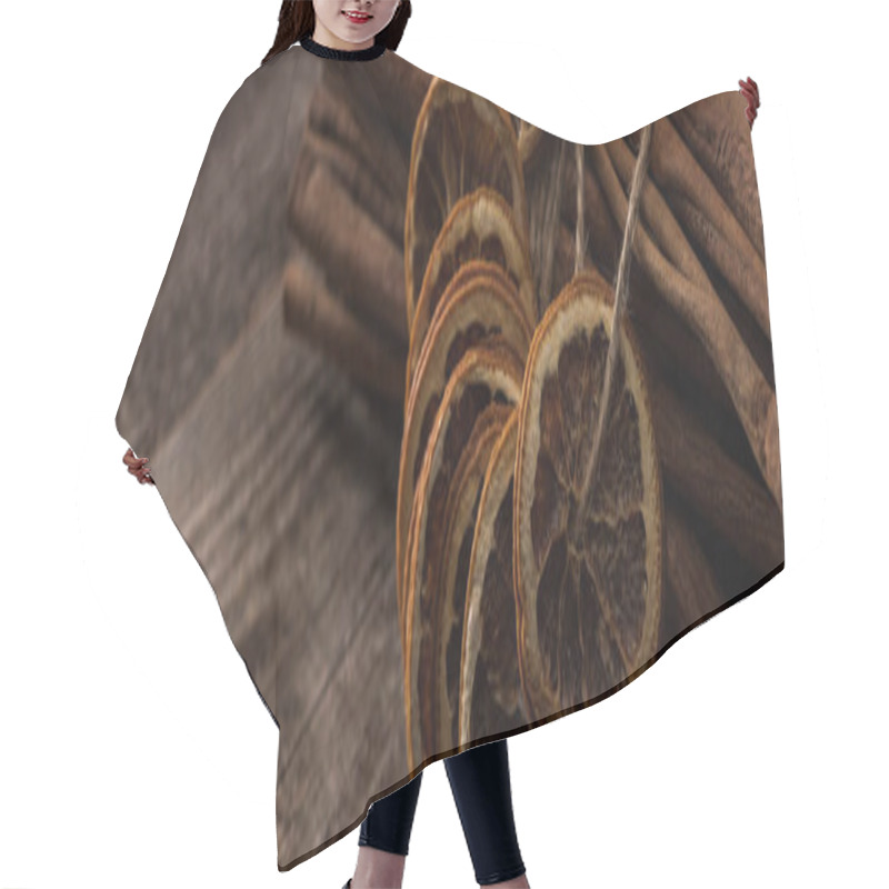 Personality  Dried Orange Slices On Thread And Cinnamon On Wooden Background, Panoramic Shot Hair Cutting Cape