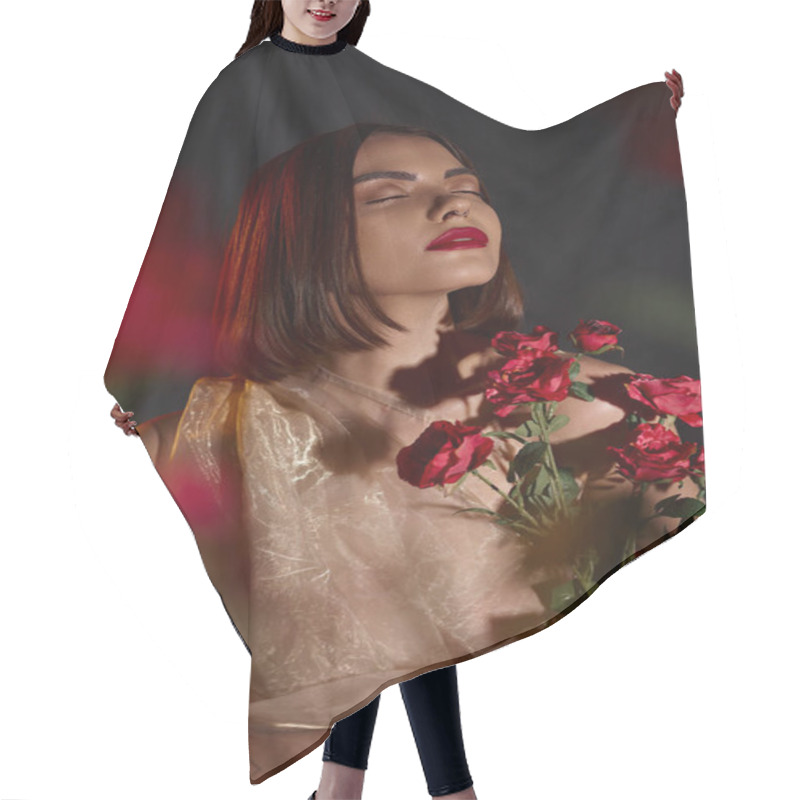 Personality  Dreamy Young Woman In Romantic Transparent Dress Holding Blooming Red Roses On Black Backdrop Hair Cutting Cape