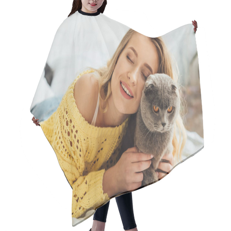 Personality  Beautiful Smiling Girl With Eyes Closed Lying In Bed And Hugging Scottish Fold Cat  Hair Cutting Cape