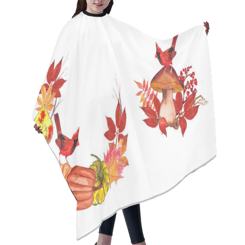 Personality  Cardinal Red Bird On A Mushroom, Autumn Leaves, Composition On A White Background, For Decoration Of Cards, Wedding Invitations, Clothes, Dishes, Children's Textiles Hair Cutting Cape