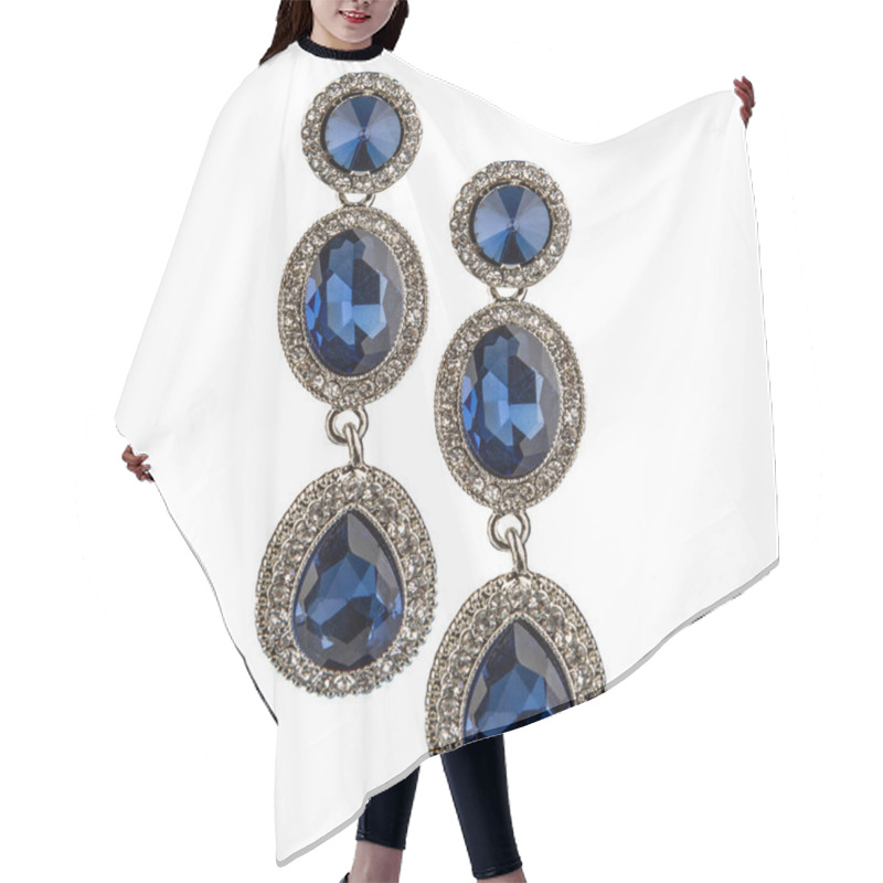 Personality  Silver Earrings With Blue Crystals On A White Background Hair Cutting Cape