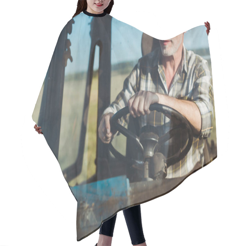 Personality  Handsome Self-employed Farmer Smiling While Driving Tractor  Hair Cutting Cape