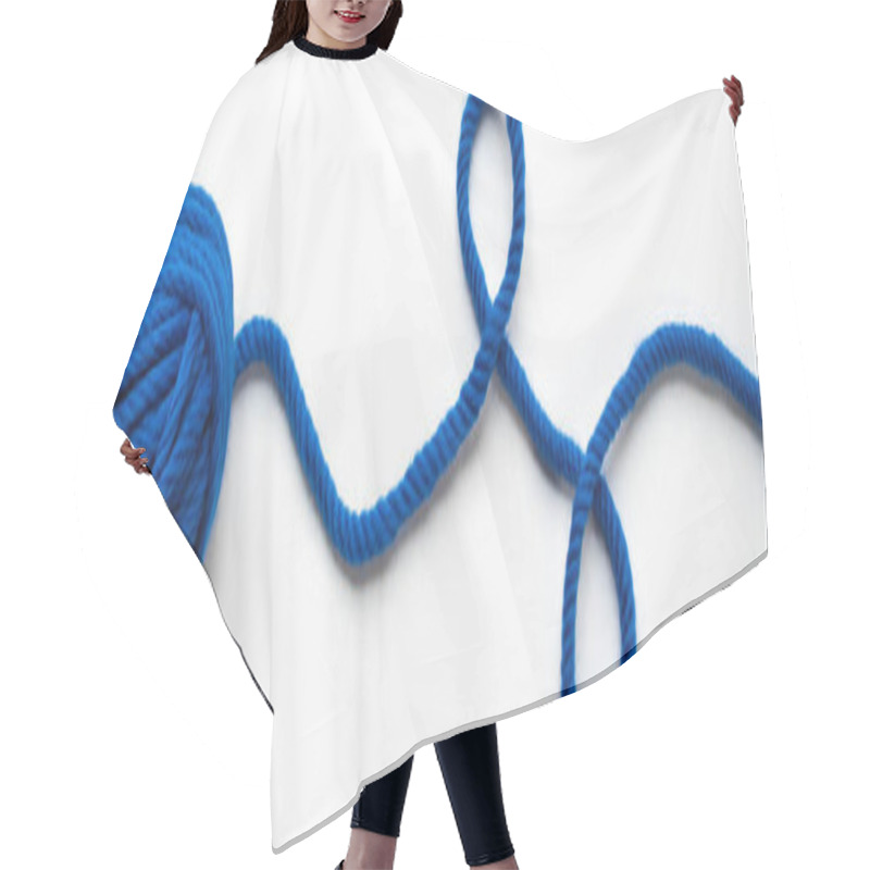 Personality  Top View Of Blue Wool Yarn On White Background, Panoramic Orientation Hair Cutting Cape