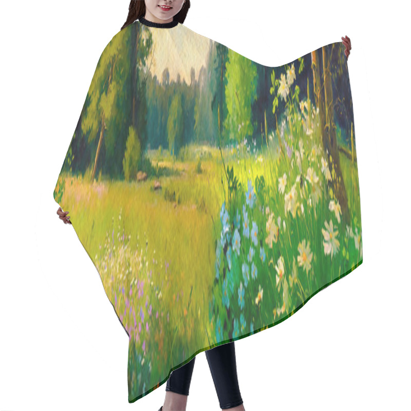 Personality  Watercolor Paintings Landscape With Flowers, Morning In The Forest. Artwork, Fine Art. Hair Cutting Cape