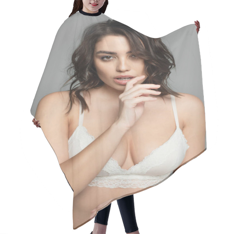 Personality  Sensual Woman In Bra Holding Hand Near Mouth Isolated On Grey  Hair Cutting Cape