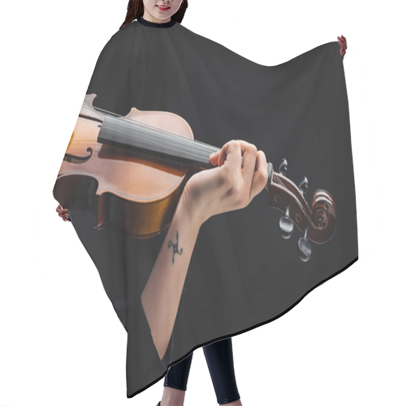 Personality  Cropped View Of Woman With Tattoo Playing Cello Isolated On Black Hair Cutting Cape