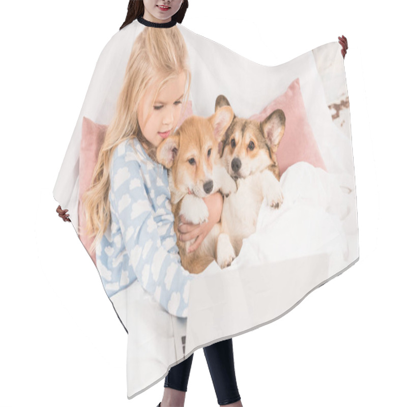 Personality  Child Lying In Bed, Hugging Corgi Dogs And Using Laptop At Home Hair Cutting Cape