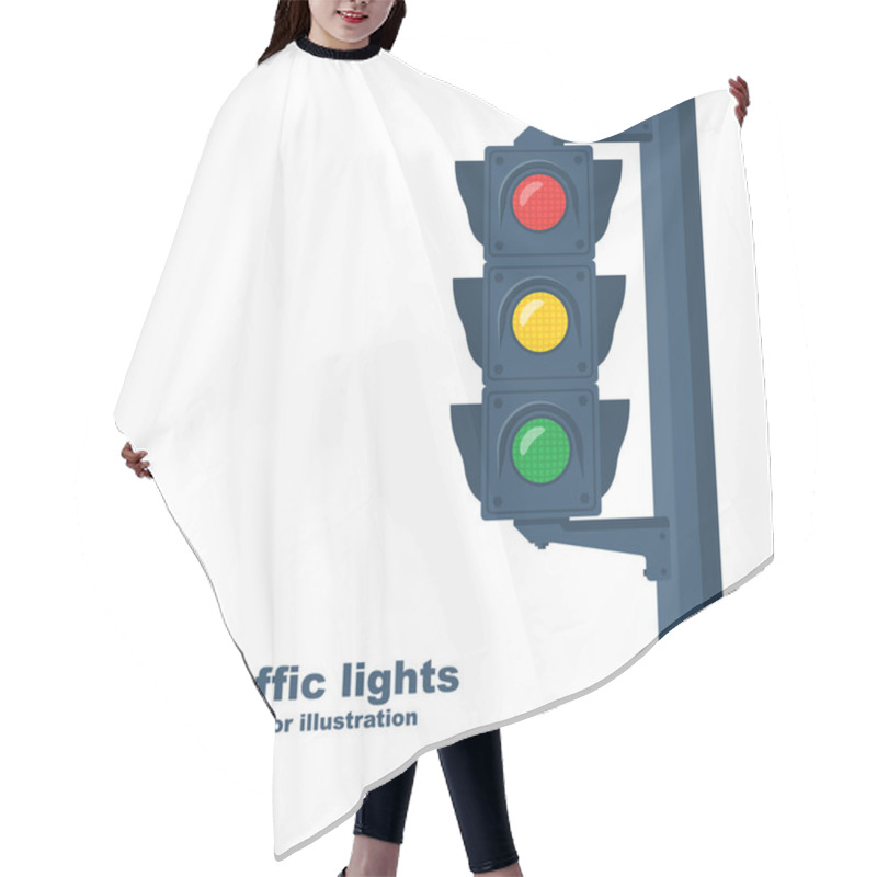 Personality  Traffic Lights. Template For Your Design. Banner, Place For Text. Vector Illustration Flat Design. Isolated On White Background. Red Green And Yellow. Three Colors For Regulating Traffic On The Road. Hair Cutting Cape