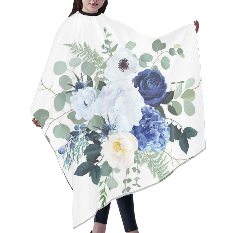 Personality  Classic Blue Rose, White Hydrangea, Ranunculus, Anemone, Thistle Flowers, Emerald Greenery Hair Cutting Cape