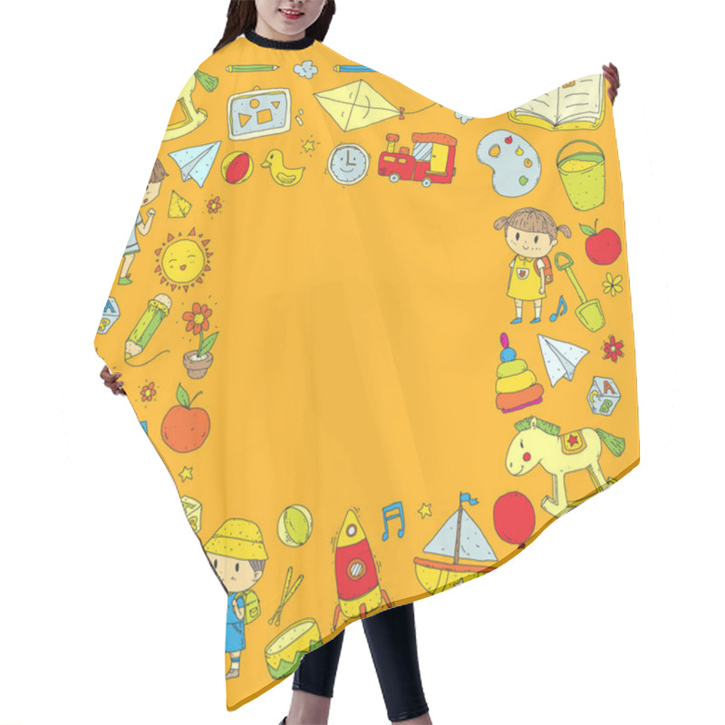 Personality  Kindergarten Nursery Preschool School Education With Children Doodle Pattern Kids Play And Study Boys And Girls Kids Drawing Icons Space, Adventure, Exploration, Imagination Concept Hair Cutting Cape