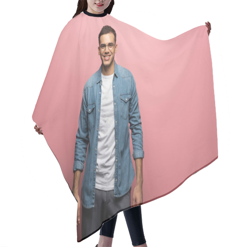 Personality  Handsome Young Man Smiling At Camera On Pink Background Hair Cutting Cape