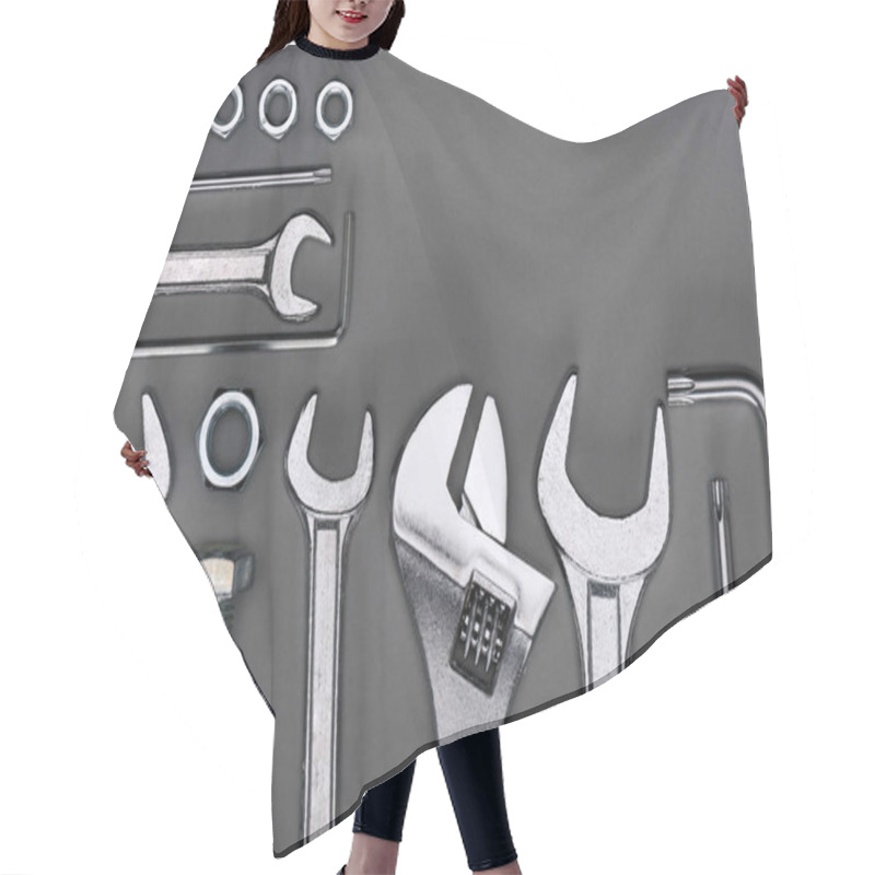 Personality  Top View Of Set Of Various Work Tools On Grey Hair Cutting Cape