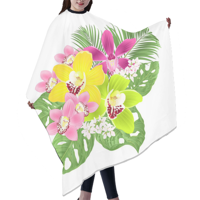 Personality  Tropical Orchids Cymbidium Green And Purple Flowers And Monstera  Foliage  On A White Background Vintage Vector Illustration Editable Hand Draw Hair Cutting Cape