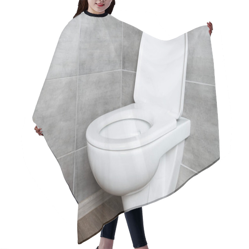 Personality  Clean Toilet Bowl With Open Seat In Modern Bathroom With Grey Tile Hair Cutting Cape