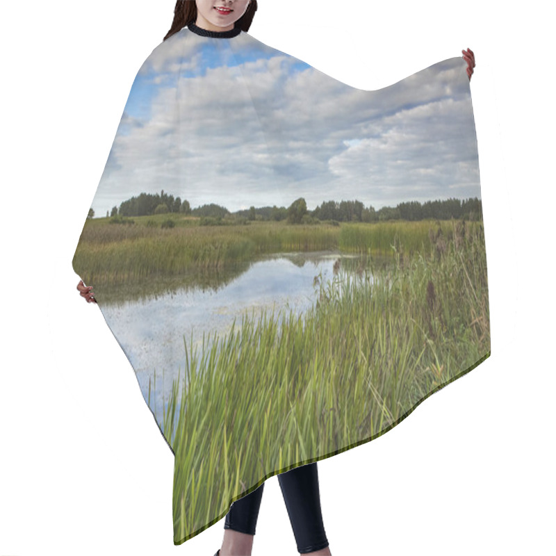 Personality  End Of Summer, Pond Overgrown With Reeds Under Blue Sky With White Clouds. .Landscape.Horizontal View Hair Cutting Cape