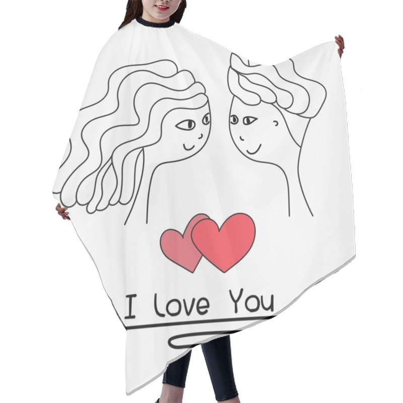 Personality  I Love You Typography. Cards Of Cute Couple. Doodle Boy And Girl Lovely Together Wedding Card. Handmade Vector Illustration. Hair Cutting Cape