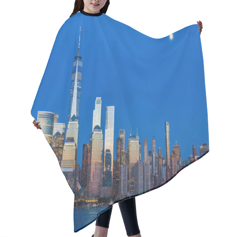 Personality  Lower Manhattan Skyline And Moon Rising At Blue Hour, NYC, USA Hair Cutting Cape