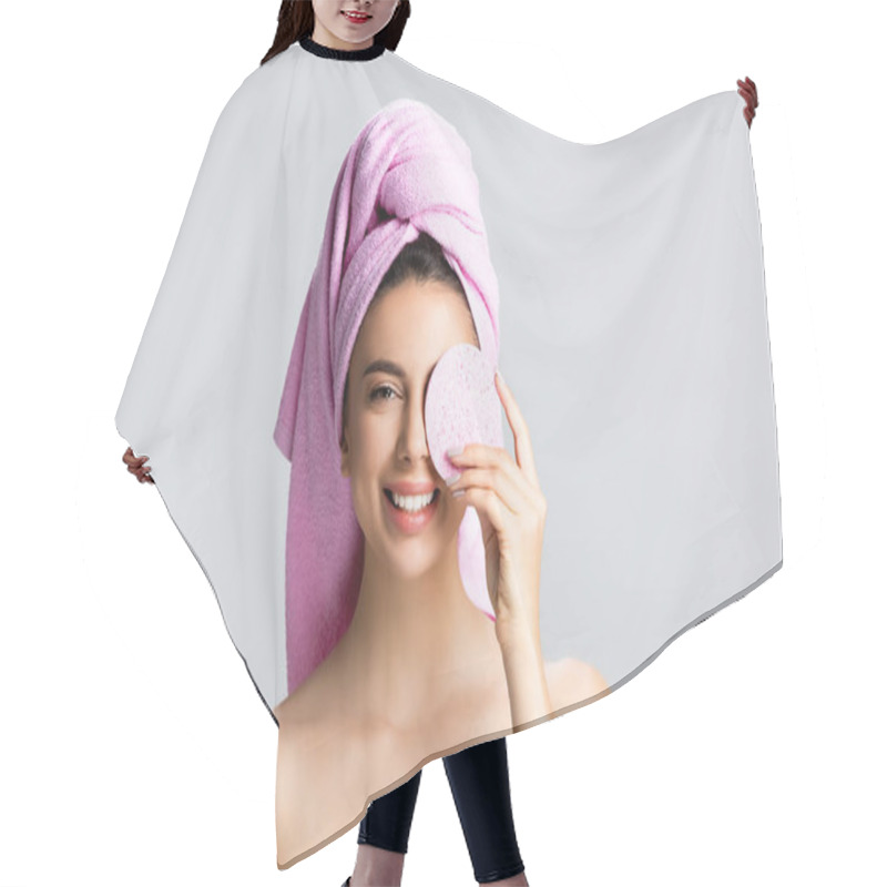 Personality  Smiling Beautiful Woman With Towel On Hair And Sponge Isolated On Grey Hair Cutting Cape