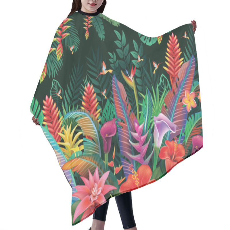 Personality  Tropical Background From Tropical Flowers, Leaves And Hummingbird Hair Cutting Cape