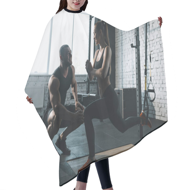 Personality  Sportswoman Squatting With Trx Hair Cutting Cape