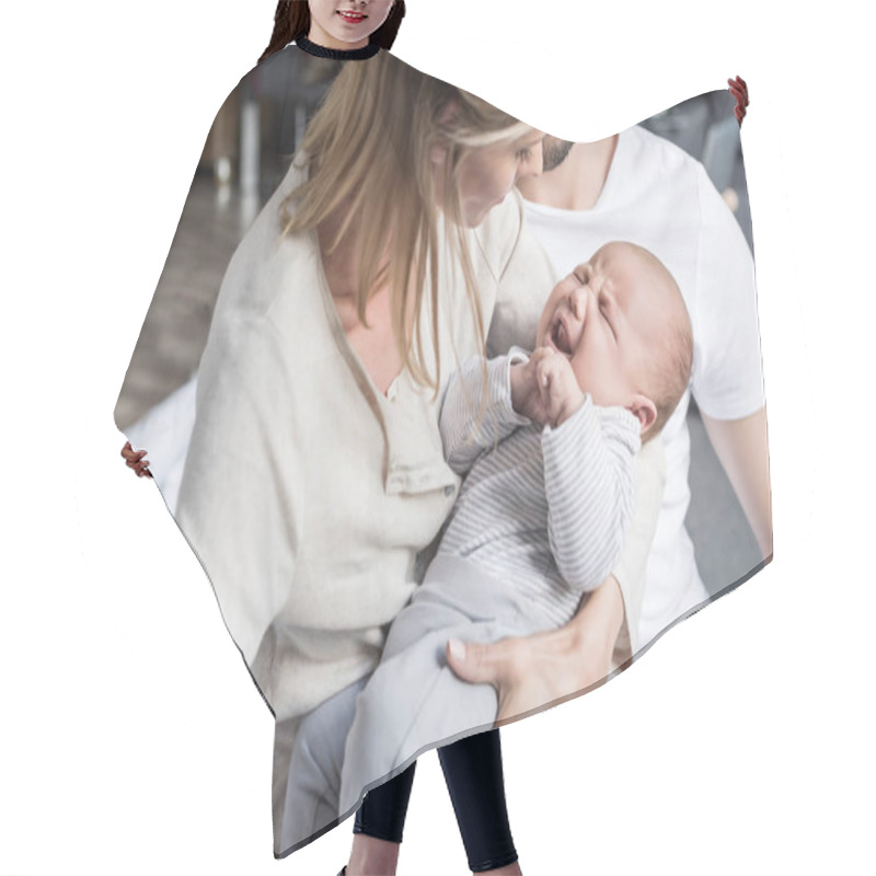 Personality  Parents With Baby Boy Hair Cutting Cape