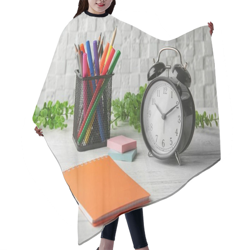 Personality  Time Management Concept. Composition With Alarm Clock On Wooden Table Hair Cutting Cape