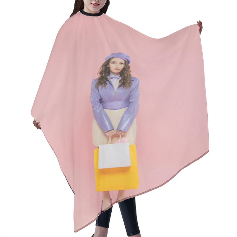 Personality  Consumerism, Fashion Photography, Attractive Young Woman In Beret Holding Shopping Bags On Pink Background, Posing Like A Doll, Standing And Looking At Camera, Trendy Outfit, Consumerism  Hair Cutting Cape