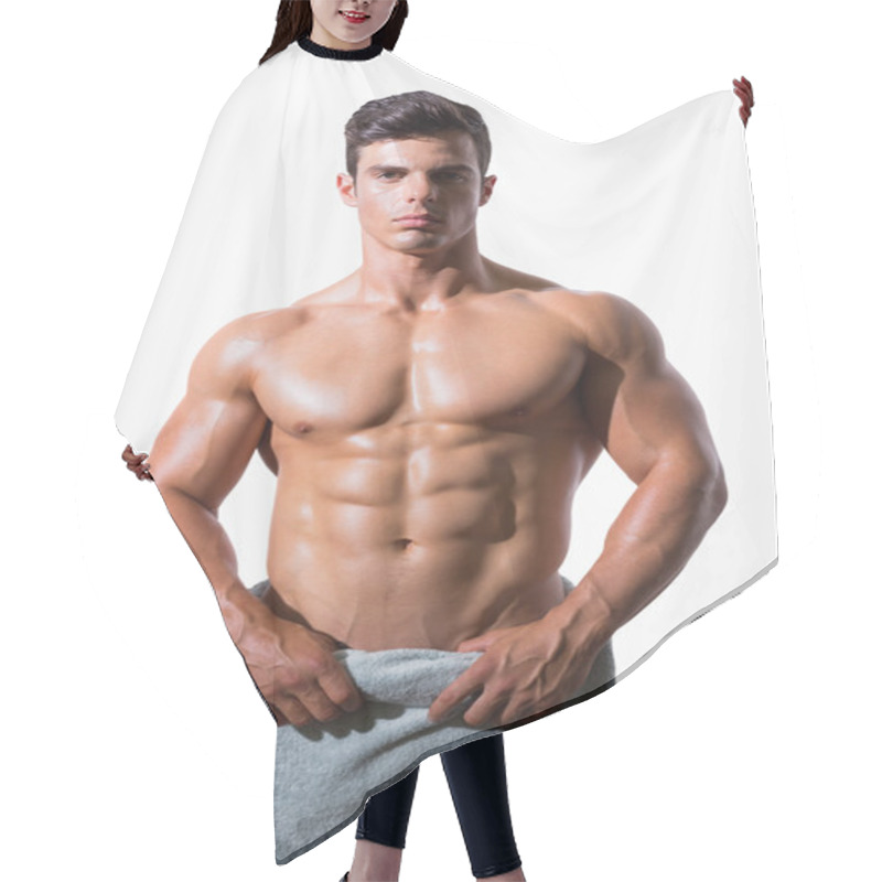 Personality  Portrait Of A Shirtless Muscular Man Wrapped In White Towel Hair Cutting Cape