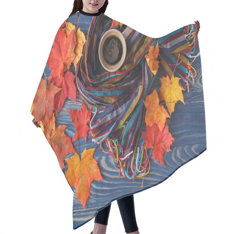 Personality  Cup Of Coffee, Fall Leaves And A Warm Scarf On Black Wooden Tabl Hair Cutting Cape