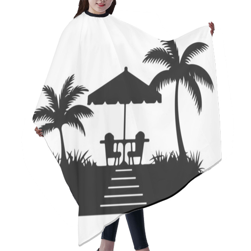 Personality  A Black And White Silhouette Of A Tropical Patio Scene. Hair Cutting Cape