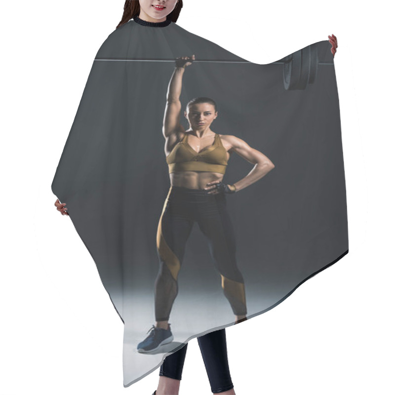 Personality  Young Strong Bodybuilder Holding Barbell, On Black    Hair Cutting Cape