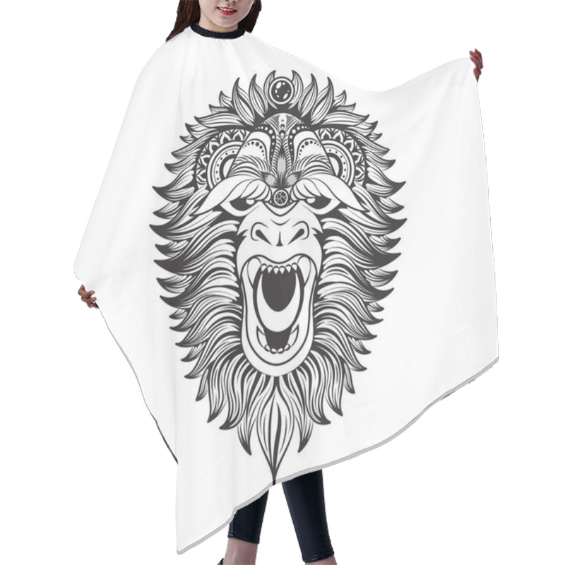 Personality  Vector Illustration Abstract Isolated Predatory Unusual Grin Wild Animal Yeti Decorated Black Linear Doodle Hair Cutting Cape