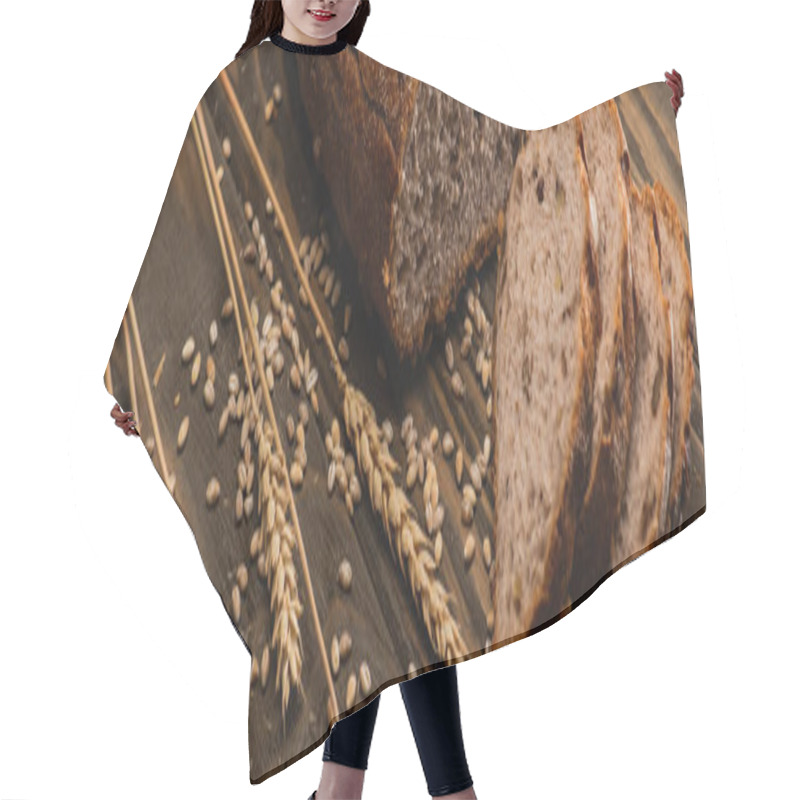 Personality  Cut Fresh Baked Bread With Spikelets On Wooden Surface, Panoramic Shot Hair Cutting Cape