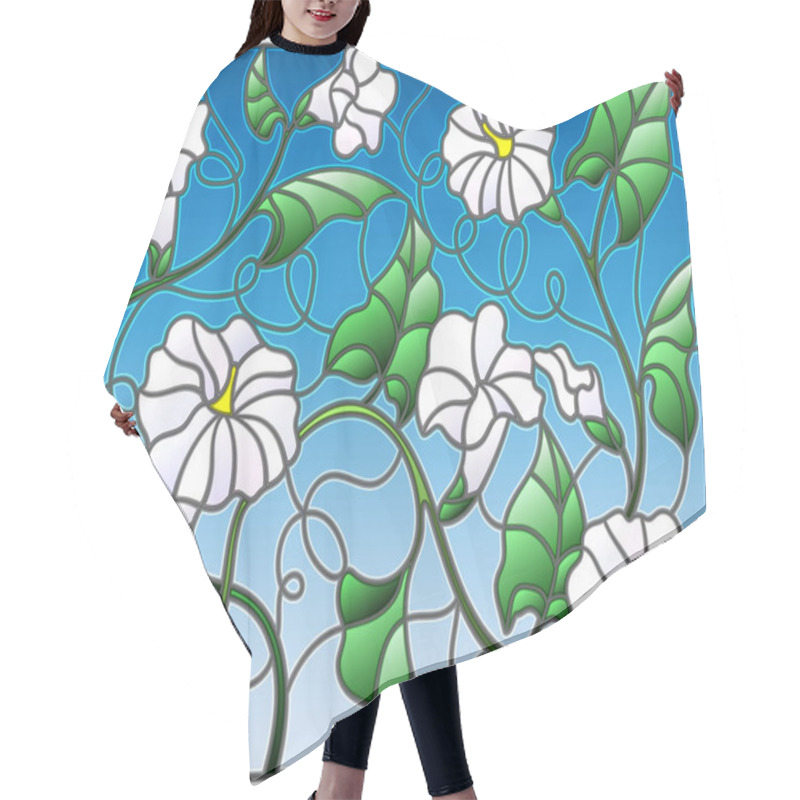 Personality  Illustration In Stained Glass Style Flowers Loach, White Flowers And Leaves On Blue Background Hair Cutting Cape